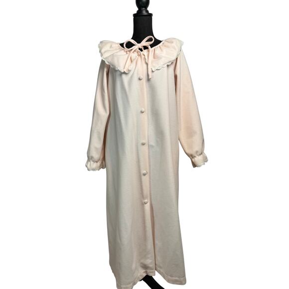Vintage Pink Button Front Ruffle Collar Nightgown Robe w/ Pockets L/XL Bow - Picture 2 of 8